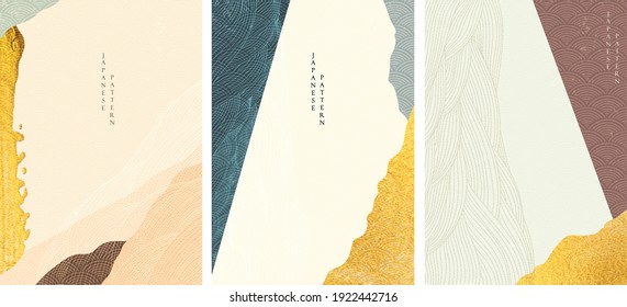 Japanese background with line pattern vector. Abstract art banner with gold texture in vintage style. 