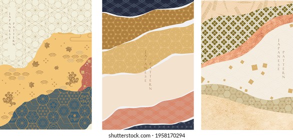 Japanese background with line pattern vector. Abstract landscape template with hand drawn wave elements. Asian traditional decoration in vintage style.