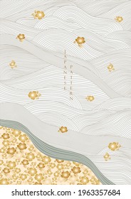 Japanese background with line pattern vector. Camelia flower pattern with Asian traditional banner design in vintage style.