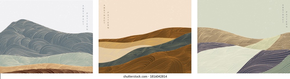 Japanese background with line wave pattern vector. Abstract banner. Mountain layout design in oriental style.