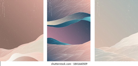 Japanese background with line wave pattern vector. Abstract template with geometric pattern. Mountain layout design in oriental style. 