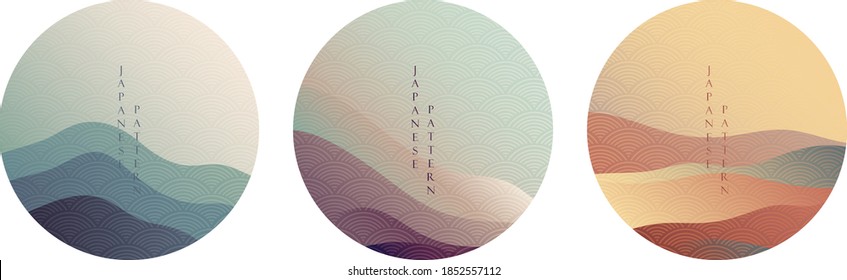 Японский фон с вектором линейной волны. Абстрактный шаблон с геометрическим рисунком. Дизайн иконок горного ландшафта в восточном стиле. 