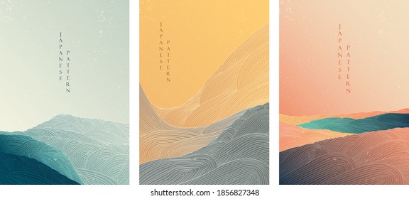 Japanese background and line wave pattern vector  Abstract template and geometric pattern  Mountain   ocean object in oriental style  