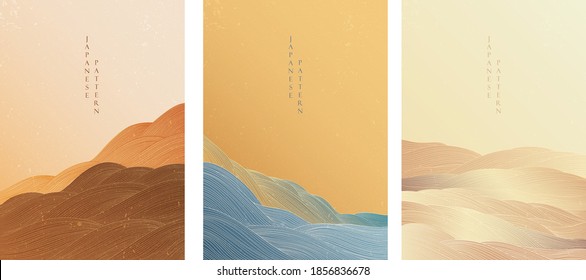 Japanese background with line wave pattern vector. Abstract template with geometric pattern. Ocean sea and mountain forest elements in oriental style. 