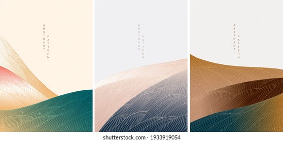 Japanese background with line wave pattern vector. Abstract landscape with geometric pattern. Mountain and ocean object in vintage style. 