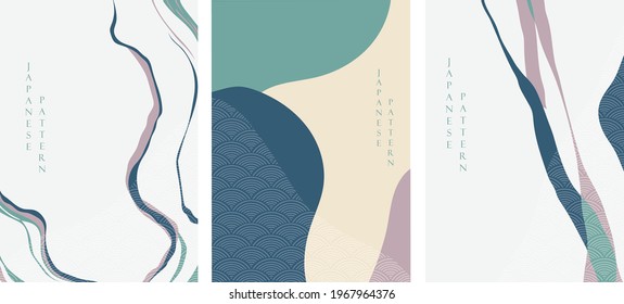 Japanese background with line wave pattern vector. Abstract template with geometric pattern. Mountain and ocean object in oriental style. 
