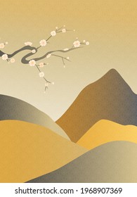 Japanese background with line wave pattern vector. Art landscape with gold line pattern. Mountain forest template.