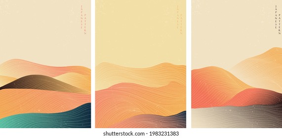 Japanese background with line wave pattern vector. Abstract template with geometric pattern. Mountain and ocean object in vintage style. 