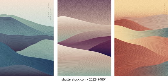 Japanese background with line wave pattern vector. Abstract template with landscape pattern. Mountain and ocean decorative in oriental style. 