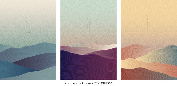 Japanese background with line wave pattern vector. Abstract template with geometric pattern. Mountain landscape and ocean object in oriental style. 