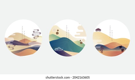 Japanese background with line wave pattern vector. Abstract template with geometric shape. Mountain and ocean object with bamboo. cloud and bird in oriental style. Logo and icon design.