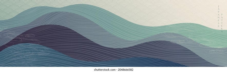 Japanese background with line wave pattern vector. Abstract art banner with geometric pattern. Mountain and ocean sea object in vintage style. 