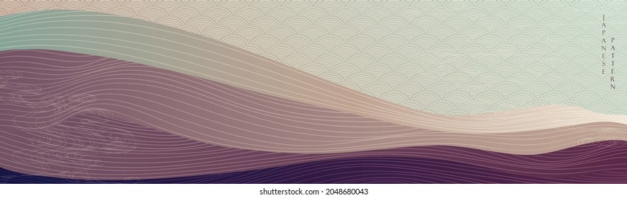 Japanese background with line wave pattern vector. Abstract art template with curve pattern. Mountain layout design in oriental style. 