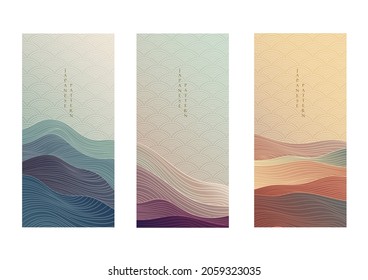 Japanese background with line wave pattern vector. Abstract art invitation card with geometric pattern. Mountain and ocean object in style.