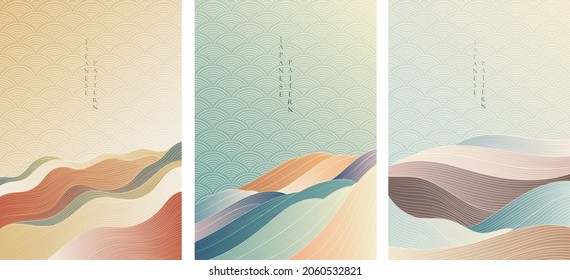 Japanese background with line wave pattern vector. Abstract art banner with geometric pattern. Mountain forest layout design in oriental style. 