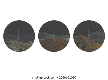 Japanese background with line wave pattern vector. Abstract art template with geometric pattern. Mountain landscape icon design in vintage style. 