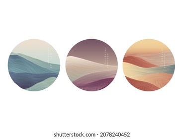 Japanese Background With Line Wave Pattern Vector. Abstract Template With Geometric Pattern. Mountain Landscape Icon Design In Vintage Style. 