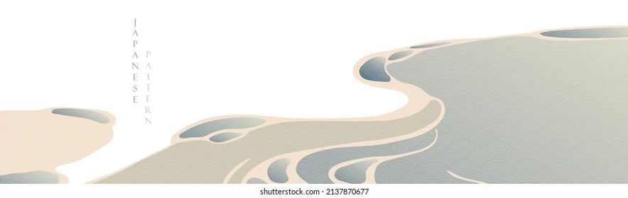 Japanese background with line wave pattern vector. Abstract art template with curve pattern. Ocean sea banner design in oriental style. 