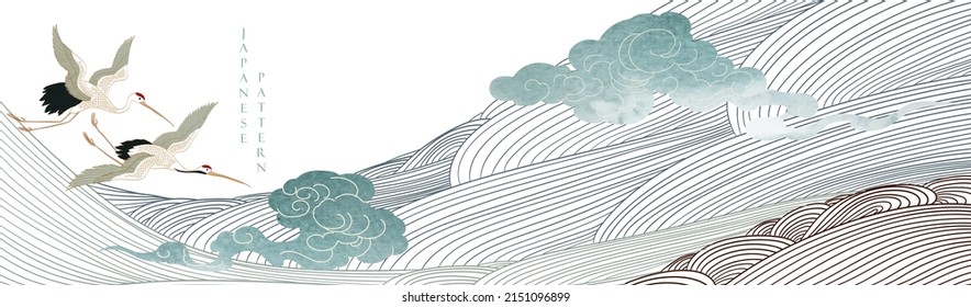 Japanese background with line wave pattern vector. Abstract art template with crane birds element banner . Mountain forest layout design in vintage style. Chinese cloud and watercolor texture.