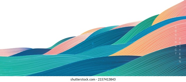 Japanese background with line wave pattern vector. Abstract art template with curve pattern. Mountain forest hand drawn banner design in oriental style. 