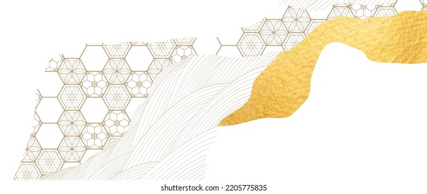 Japanese background with line wave pattern vector. Abstract art template with curve pattern. Mountain forest banner design in oriental style. Gold watercolor texture.