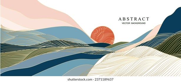 Japanese background with line wave pattern vector. Abstract template with geometric pattern. Mountain and ocean object in oriental style. 