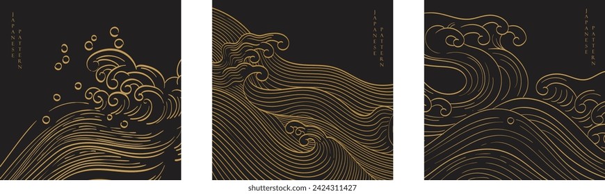 Japanese background with line wave pattern vector. Abstract template with geometric pattern in oriental style. Black banner