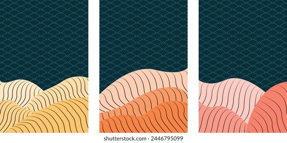 Japanese background with line wave pattern vector. Abstract template with geometric pattern. Mountain layout design in oriental style.