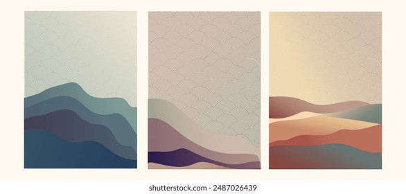 Japanese background with line wave pattern vector. Abstract template with geometric pattern. Mountain layout design in oriental style.

