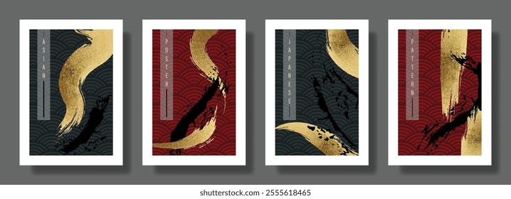 Japanese background with line wave pattern vector Abstract template with brush stroke