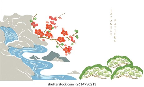 Japanese background with line wave pattern vector. Branch of cherry blossom flower and natural element. Abstract template with geometric pattern. Hand drawn line layout design in oriental style