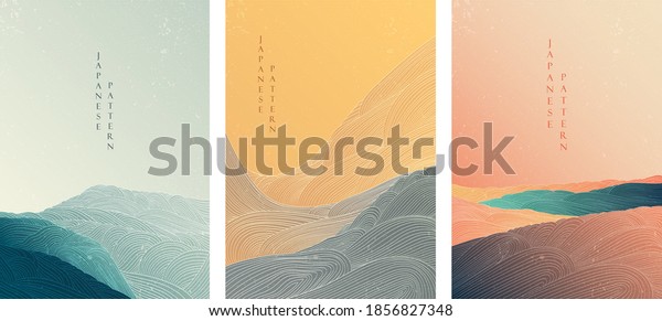 Japanese background with line wave pattern vector.
Abstract template with geometric pattern. Mountain and ocean object
in oriental style. 