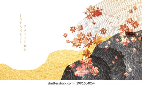 Japanischer Hintergrund mit Ahornblattdekorationsmuster, Vektorgrafik. Handgezeichnetes Linienbanner-Design mit abstrakten, goldenen und schwarzen Texturen im Vintage-Stil.