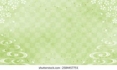 Japanese background: Matcha green checkered pattern with cherry blossoms and flowing water pattern