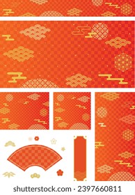Material de fondo japonés conjunto de nubes rojas y doradas de las vacaciones de Año Nuevo.