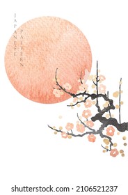 Japanese background with moon and sun with watercolor texture vector. Cherry blossom flower branch, bamboo and chinese element decorations in vintage style. Art abstract logo design in circle shape. 