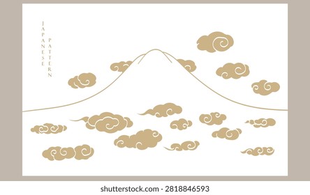 Japanese background with mountain, chinese cloud and bonsai tree pattern vector. Abstract template with geometric wave pattern. Cultue layout design in oriental style