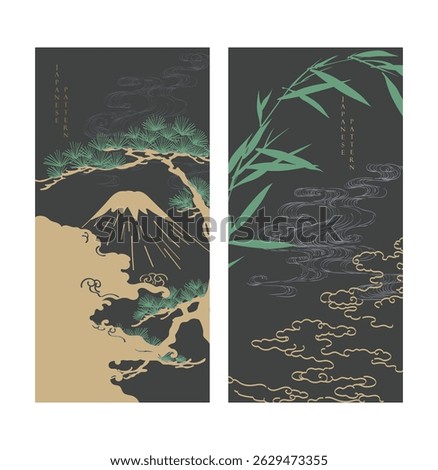 Japanese background with mountain, chinese cloud, bamboo leaf and bonsai tree pattern vector. Abstract template with geometric wave pattern. Cultue layout design in oriental style