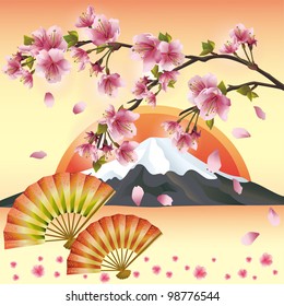 Japanese background with mountain, fans and sakura blossom- cherry tree