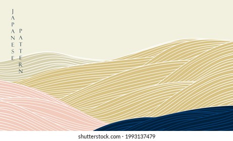 Japanese background with mountain forest decoration pattern vector. Hand draw line banner design with abstract art elements in vintage style.