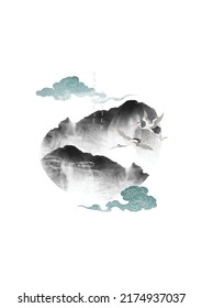 Japanese Background With Mountain Forest Vector. Chinese Cloud Decorations Logo And Icon In Retro Style. Crane Birds Element With Art Abstract Banner Design