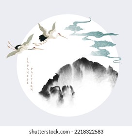 Japanese background with mountain landscape vector. Chinese cloud decorations logo and icon in vintage style. Crane birds element with art abstract logo design. Black brush stroke texture object.