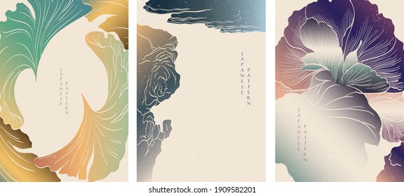 Japanese background Natural banner design. Abstract art boarders with hand drawn line vector in vintage style. 