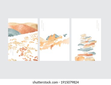 Japanese background with natural landscape art vector. Abstract template with mountain forest pattern in vintage style. Watercolor texture decoration.