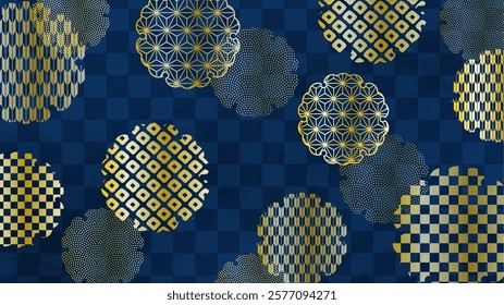 Japanese background: navy blue checkered pattern with gold snowflake pattern