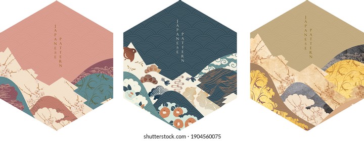 Japanese background with oriental elements vector. Geometric icon with abstract landscape decoration in vintage style.