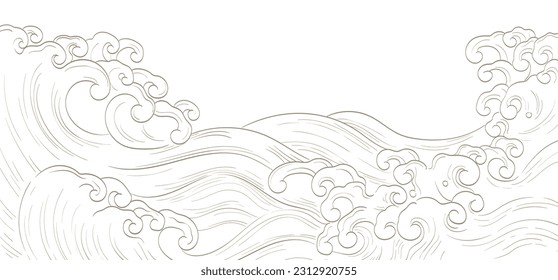 Japanese background with Oriental natural wave pattern with ocean sea decoration banner design in vintage style. Marine template. Frame border.
