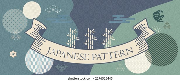 Japanese background pattern with Asia traditional icon and symbol vector banner design. Nature art background with bamboo and bonsai tree invitation card template in vintage style. Asian traditional