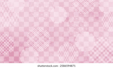 Japanese background: pink checkered pattern with snowflake pattern