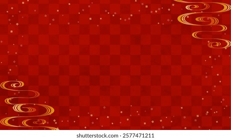 Japanese background: Red checkered pattern with flowing water pattern